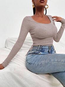 Cloudara Scoop Neck Drawstring Side Tee - Apricot - View 5