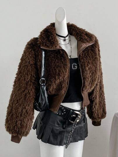 Sweetra 女士新款春秋冬适合外出通勤纯色拼接罗纹立领拉链装饰修身仿皮草外套