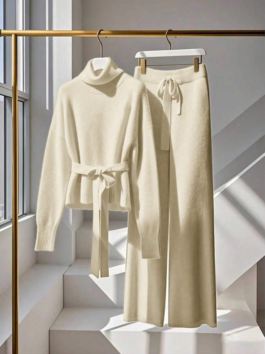 SHEIN Franclia 2件套女士高端优雅针织毛衣，白色，秋冬 - 杏色 - 查看 1