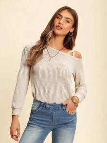 Coeurva Damen Langarm Sweatshirt mit Waffeltextur, asymmetrischem Kragen, Ballonärmeln für Lässig und Büro - Aprikosenfarben - Übersicht 3