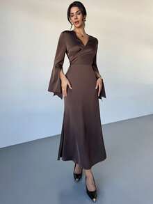 Firerie Women's Elegant Party Cocktail Wedding Guest Long Sleeve Dress, Brown Satin Crepe Flare Sleeve Wrap Collar Cinched Waist A-Line Dress, New Autumn/Winter Women Dress,Wedding Guest Dress Women - Brown - View 6
