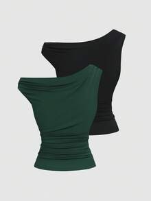 Sweetra Women's Elegant Metal Decor Asymmetric Shoulder Ruched Camisole, Summer - Multicolor - View 2