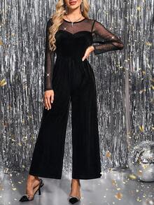 SHEIN Clasi Women's Crew Neck Long Sleeve Waist Cinching Velvet Patchwork Glitter Long Sleeve Elegant Everyday, Party, Holiday Jumpsuit, Autumn/Winter