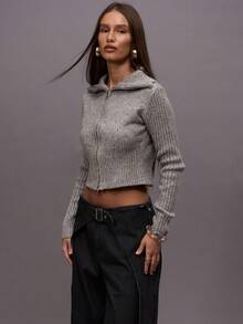 MUSERA 修身翻领拉链针织套头衫，适合冬季夜间外出、街头风、返校季、可爱性感、无领口、晚宴派对等场合，优雅百搭。 - 淺灰色 - 查看 3