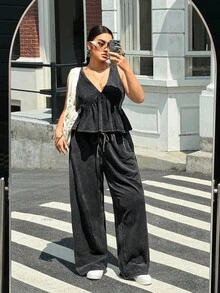 Muchica 大码女式复古扎染 V 领吊带背心和裤子两件套，夏季、秋季、酸洗外观、娃娃装 - 黑色 - 查看 3