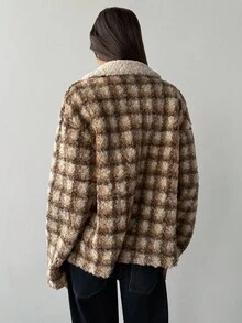 Aloruh Women's Fall/Winter Casual Turndown Collar Plaid Print Fleece Loose Jacket,Women's Winter Jacket ,Women's Winter Coat , Women's Winter Clothes - Brown - View 2