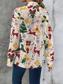 SHEIN LUNE 圣诞驯鹿、圣诞树和铃铛卡通全身印花 Polo 领长袖休闲衬衫，女士春夏 - 彩色 - 查看 2