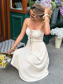 Serisse Váy dài vừa phải dây mảnh màu trơn thường ngày cho nữ, thích hợp cho kỳ nghỉ - Màu be - Xem 3