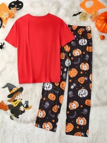 FamilyFrolics Męski komplet piżamowy z nadrukiem dyni na Halloween - Czerwony - Zobacz 2
