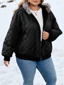 SHEIN CURVE+ 女士加大码绗缝连帽短款棉服外套，秋冬新品 - 黑色 - 查看 4