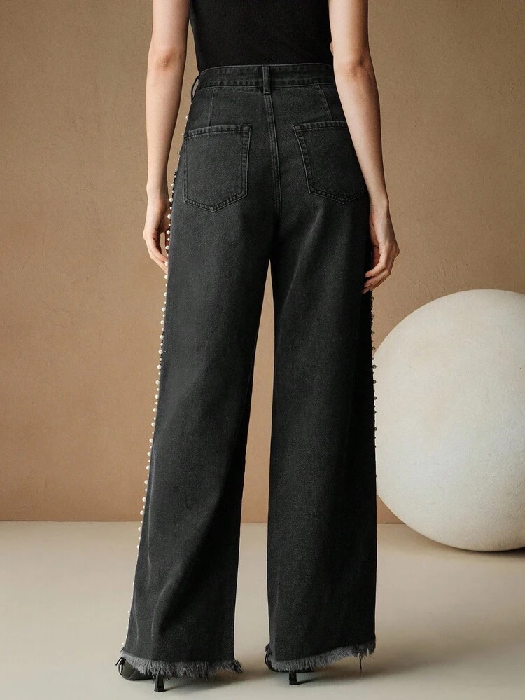Elegant Fashion Straight-Leg Jeans With Blue Beaded Decoration