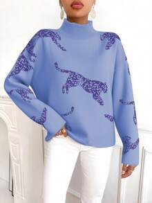 SHEIN LUNE Sweater Wanita Kasual Motif Hewan dengan Kerah Tegak, Musim Gugur/Dingin - Baby Blue - View 4