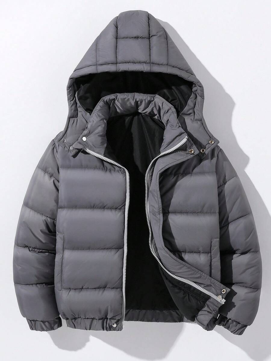 1pc Men's Winter Casual Grey Cotton Jacket,School Sporty Stand Collar Hooded Loose Fit Long Sleeve Padded Quilted Pockets Versatile Outdoor Outwear - Grey - View 1