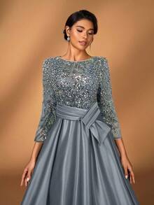 Serin 优雅奢华的薄纱长袖刺绣蕾丝花朵泡泡珍珠蝴蝶结喇叭连衣裙，适合婚礼、派对、度假、舞会、晚礼服，新娘、新娘母亲、情人节均可穿着。 - 灰色 - 查看 6