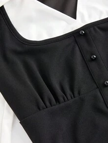 SHEIN MOD Turndown Collar Long Sleeve Contrast Color Chest Ruched Black & White Contrast Color Shirt,Black Shirts,Button Down Blouse,Long Sleeve Women Shirts,Collared Women Shirt,Work Women Shirts,Dressy Shirts,V Neck Shirt