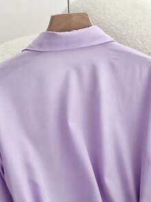 SHEIN LUNE 女款優雅辦公兩件套，長袖襯衫搭配百褶A字長裙，秋季休閒通勤百搭紫色套裝附腰帶 - 紫色 - 查看 5