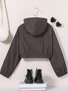 Girls' Hooded Jacket With Reflective Stripes And Glow-In-The-Dark Design, Comfortable Outerwear - Grey - View 2