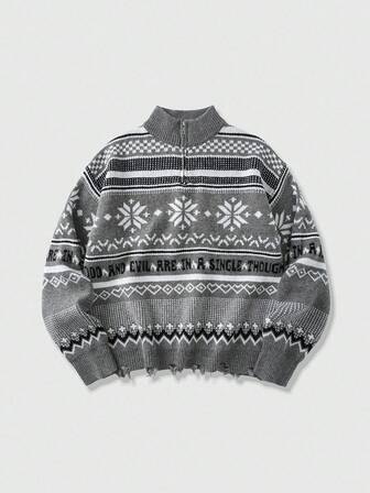 Street Life Herren Lässig Geometrisches Jacquard Langarm Pullover, Herbst/Winter