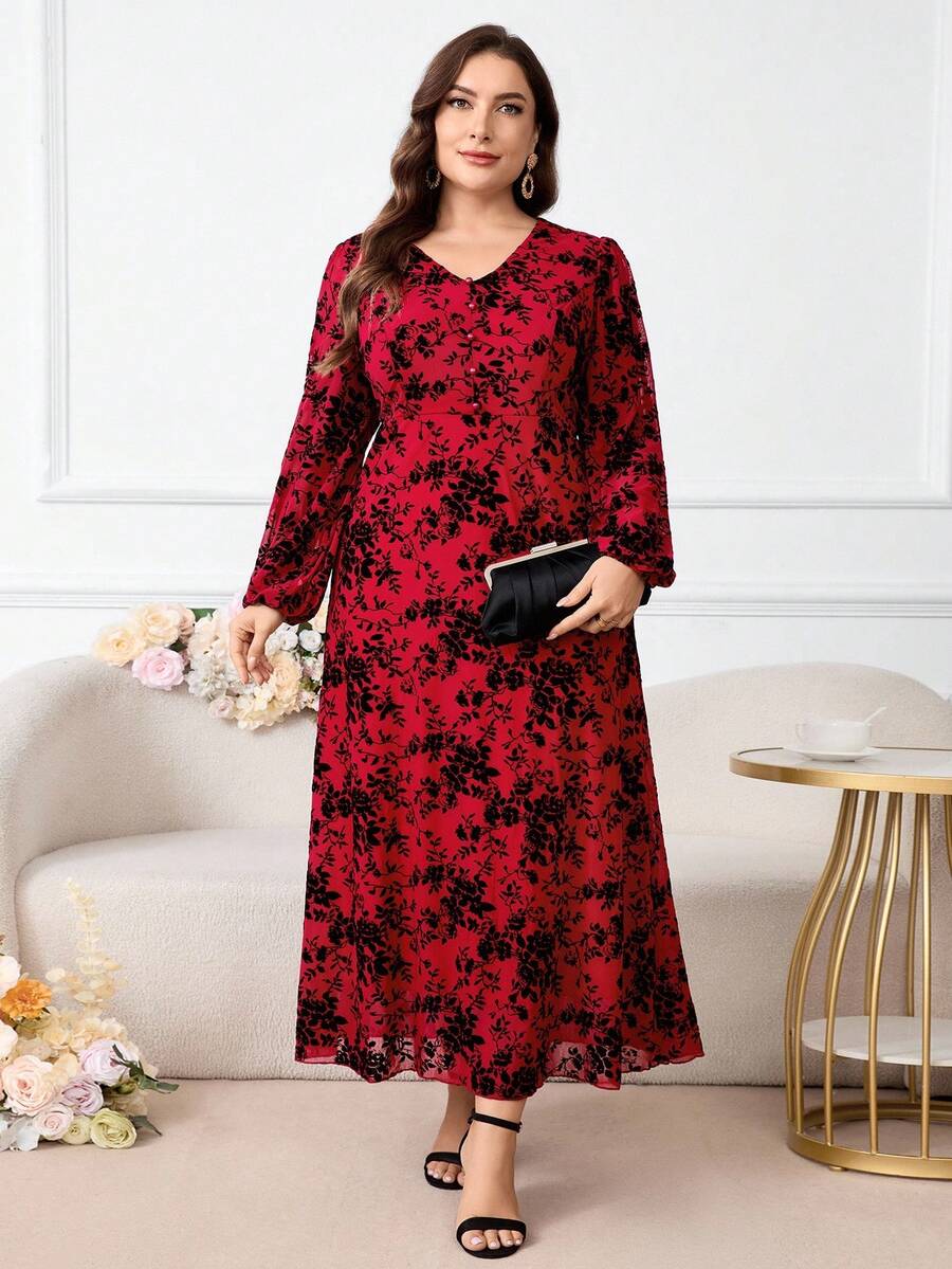 Modelyn Plus Size Women Floral Print V-Neck Lantern Sleeve Loose Elegant Dress