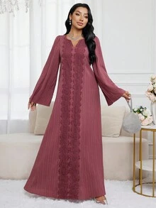 Al Najma 女款優雅套裝休閒端莊菲律賓風純色蕾絲拼接喇叭袖阿拉伯式長裙，適合約會、冬季正式場合、洗禮賓客，粉紅色 - 淺灰紫 - 查看 5