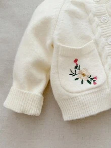 Blossori 女婴法式优雅刺绣口袋前扣长袖针织开衫 - 白色 - 查看 6