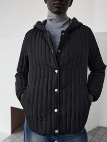 Lumivelle Vertical Striped Padded Coat, Front Center 4-Button Closure, Open Hem - Black - View 5