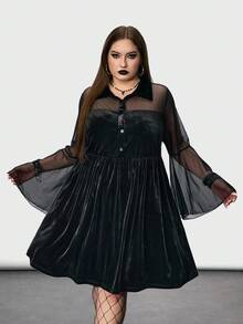 SHEIN CURVE+ 大码女款黑色长袖喇叭袖连衣裙，暗黑神秘风/秋冬 - 黑色 - 查看 5