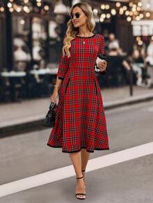 EMERY ROSE Váy midi kẻ caro cổ tròn tay 3/4 dành cho nữ - Đỏ - Xem 7
