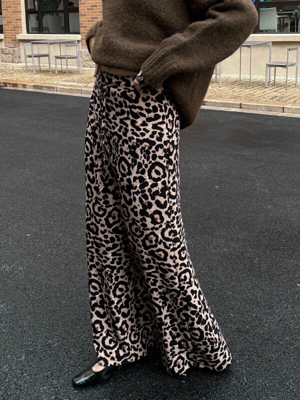 K-Vae Falda larga con estampado de leopardo para mujer, otoño e invierno, con cintura elástica y cordón, para uso diario, Halloween y Año Nuevo