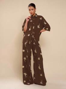 COSMINA 女式全印花打结休闲宽松阔腿裤 - 咖啡棕 - 查看 6