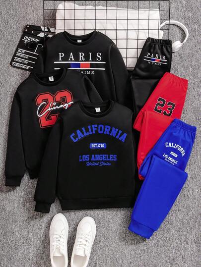 6pcs/Set Boys' Casual Graphic Print Sweatshirt Set, Suitable For Leisure, School, Sports And Outdoor Wear