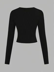 3pcs/Set Teen Girl Ribbed V-Neck Long Sleeve Elastic Fitted Soft T-Shirt - Multicolor - View 11