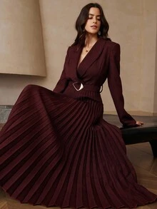 Aveloria Rosie Intellectual Elegant Commuter Style Mandarin Collar Pleated Hem Belted Long Sleeve Dress