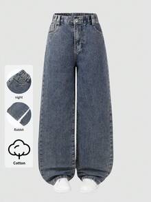 SHEIN Explorewe 千禧少女街头风日常弹力腰直筒牛仔裤，带平口袋，日常穿搭 - 銅色 - 查看 4