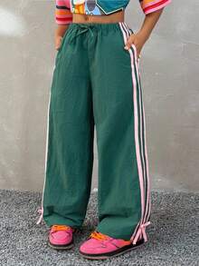 Coolane Kids 少女休闲撞色裤，侧条纹松紧腰休闲宽松运动裤，夏季女童裤，休闲百搭，适合日常街头穿着，工装裤 - 綠色 - 查看 2