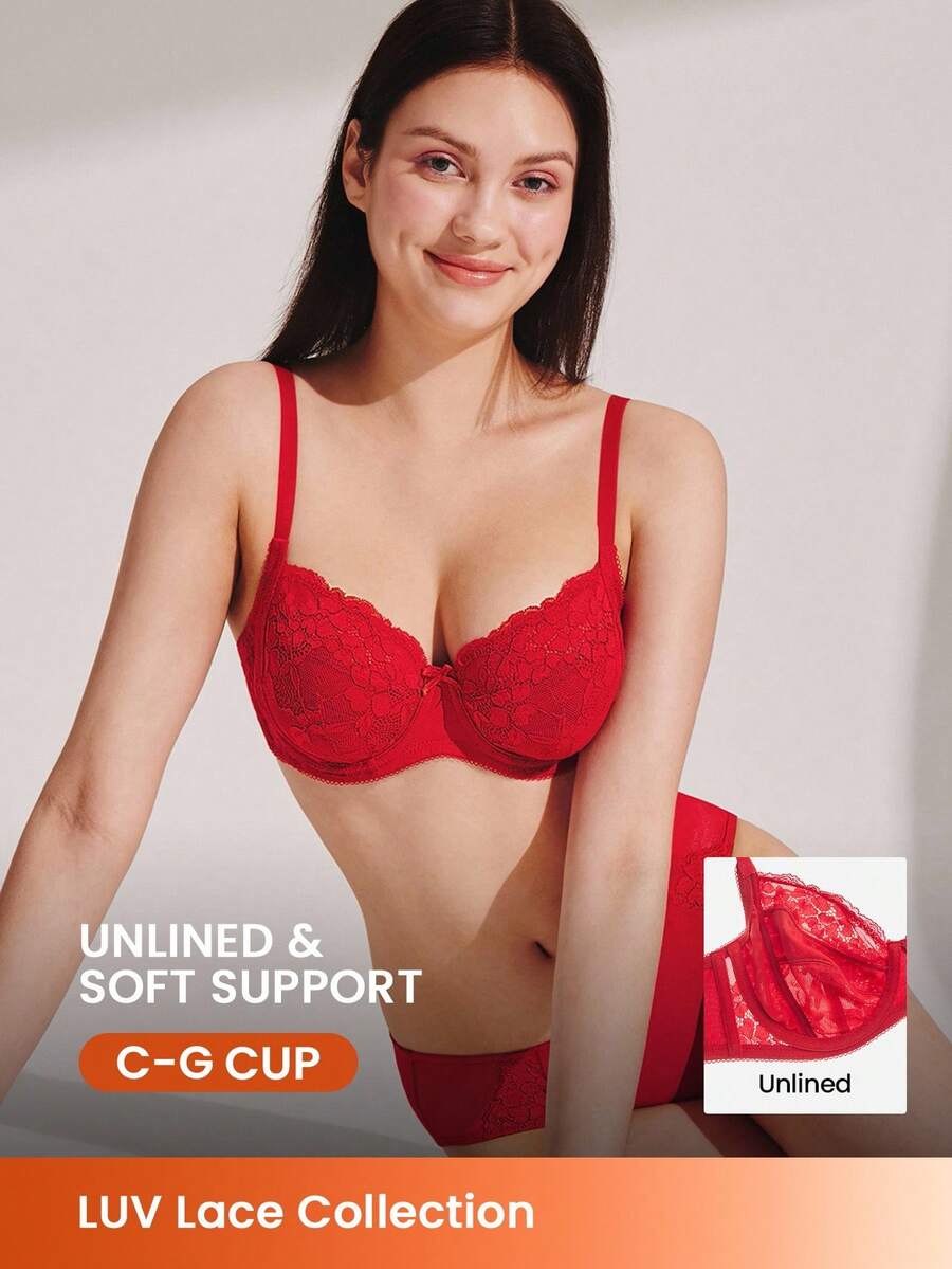 LUVLETTE Christmas & New Years Full Coverage Support Breathable Underwire Red Mesh & Lace Elegance Bra Bridal Intimates