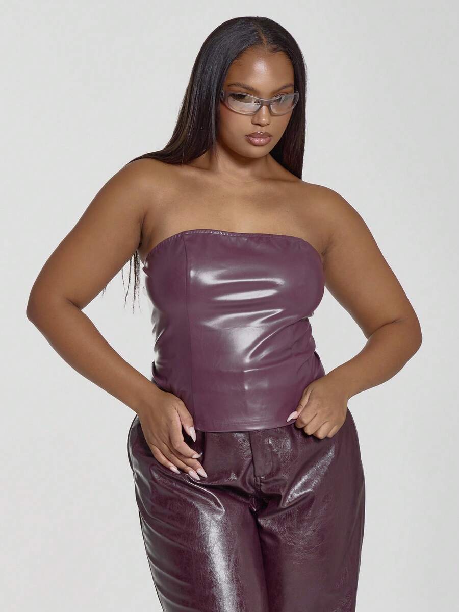 MUSERA Plus Fitted Faux Leather Bandeau Top Cool Girl, Going Out, Sexy, Party, Festive, Holidays, Night Out Festival Spring Summer - Burgundy - View 1