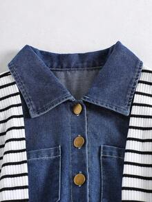 Vestido vaquero de manga corta con cuello de chal a rayas, estilo vintage, para niñas jóvenes de vuelta al colegio en primavera/verano. Adecuado para niñas jóvenes en primavera/verano, vestido elegante de cintura alta y estilo coreano casual para salidas, uso diario, vacaciones.