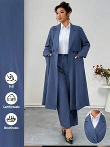 Elenzga Plus Size Stiff Fabric Blazer Jacket Long Sleeve Lapel Collar Real Pockets Decoration Single-Breasted + Straight Elastic Waist Pants 2 Pieces Set, Suitable For Commuting, Outing, Party, And Dating