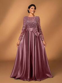 Serin Elegant Luxurious Sheer Long Sleeve Embroidered Lace Floral Bubble Pearl Bow Flared Dress, Suitable For Wedding, Party, Vacation, Prom, Evening Gown For Bride, Mother Of The Bride, Valentine's Day - Dusty Pink - View 3