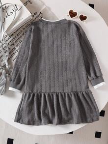 Genkimix Kids 少女韩版针织条纹袖口刺绣小马标志连衣裙 - 灰色 - 查看 2