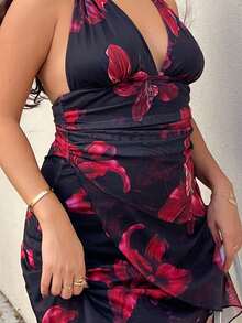 NegzBox Sexy Vintage Ombre Halter V-Neck Tie Up Mesh Ruched Asymmetric Hem Romantic Holiday Mini Dress For Women