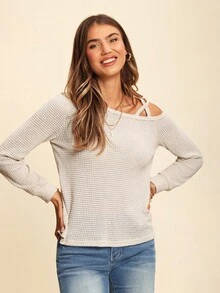 Coeurva Damen Langarm Sweatshirt mit Waffeltextur, asymmetrischem Kragen, Ballonärmeln für Lässig und Büro - Aprikosenfarben - Übersicht 5