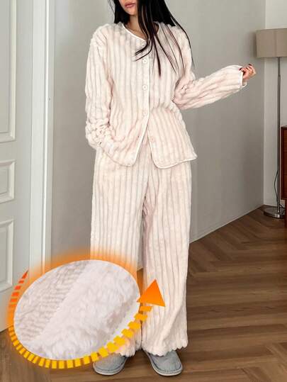 DAZY 女士简约条纹抓绒睡衣套装，冬季舒适保暖