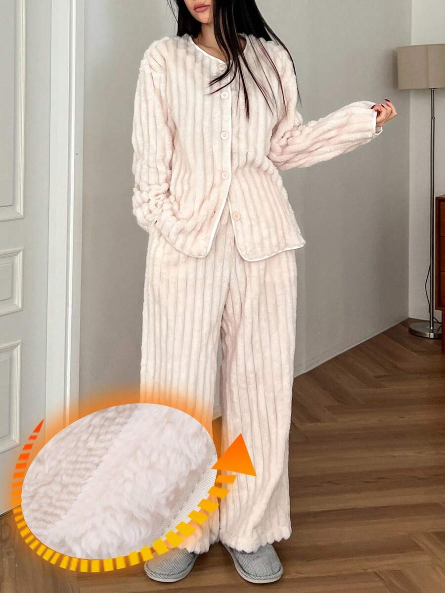 DAZY 女士简约条纹抓绒睡衣套装，冬季舒适保暖 - 白色 - 查看 1