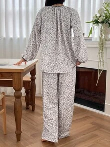 DAZY 女士花卉撞色滚边睡衣套装，秋冬服装 - 杏色 - 查看 2