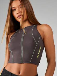 Missguided x Playboy High Neck Sports Crop Top Performance Athletic Compression Tank Full Zip Front Activewear Running Gym Workout Training Fitness Exercise Top Moisture Wicking Fabric - Volcanic Gray - View 3