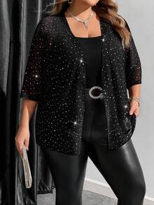 SHEIN CURVE+ Plus Size Women's Rhinestone Decor Mesh Sheer Jacket, Suitable For Thanksgiving, Christmas, New Year's Eve, Office, Party, Business Casual, Retro Style, Valentine's Day