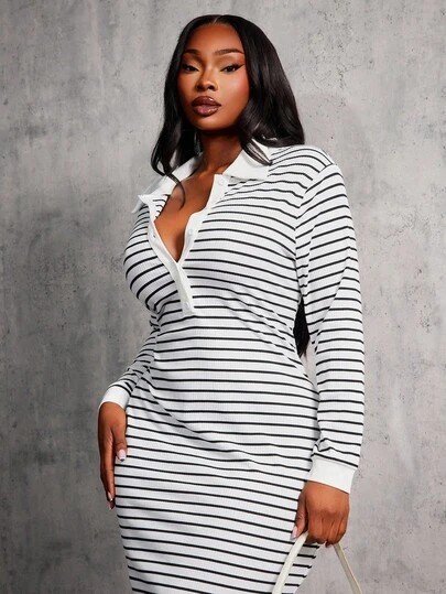 SHEIN SXY Plus Size Women's Autumn/Winter New Black & White Striped Polo Collar Midi Elegant Sexy Dress