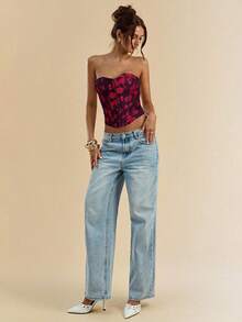 SHEIN BAE Áo bandeau in hoa thanh lịch dành cho nữ, mùa hè - Màu Hoa hồng đỏ - Xem 7